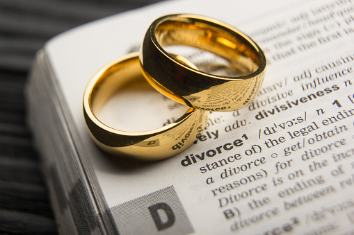 Divorce And Separation Concept. Two Golden Wedding Rings. Dictionary Definition Word